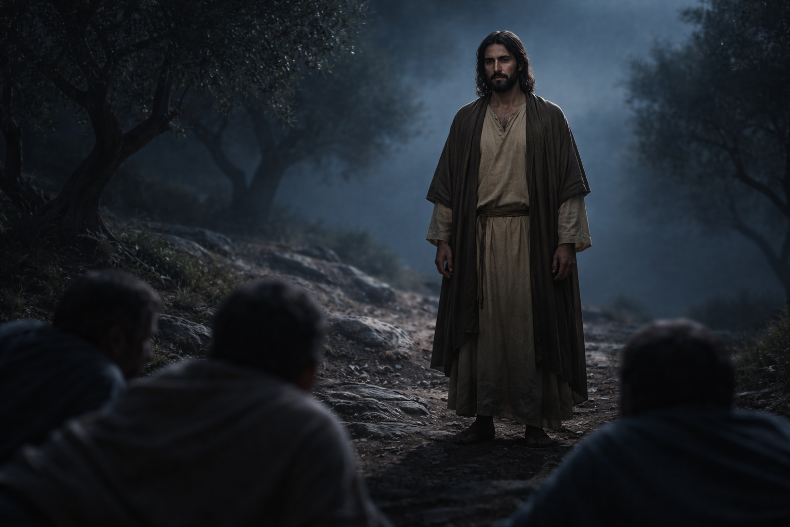 A first-century Jewish man stands alone on a moonlit hillside, wearing simple earth-toned robes and looking calmly at three disciples who kneel in the blurred foreground. The night is quiet, olive trees frame the scene, and no supernatural light remains — only the steady presence of Jesus after the spectacle has faded.